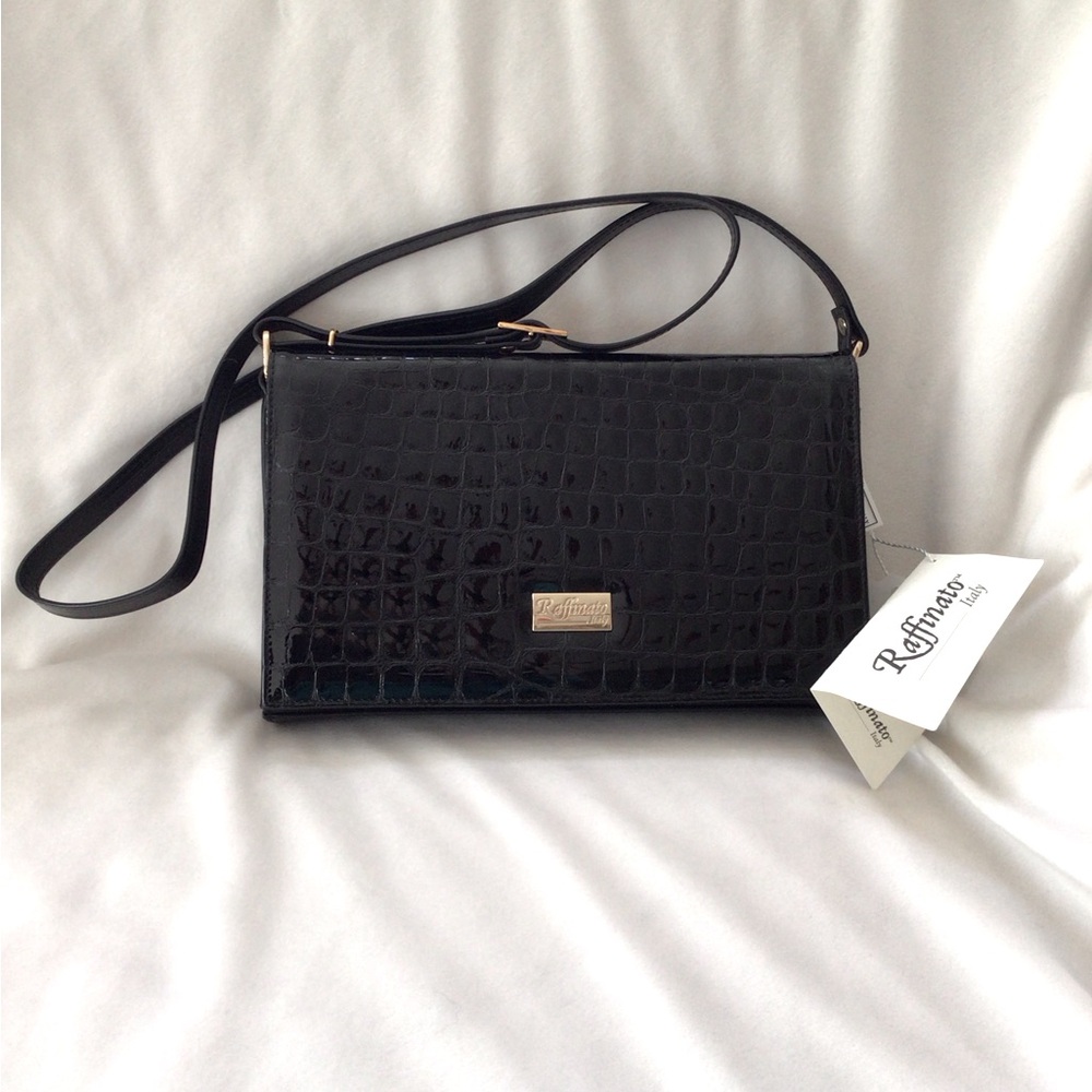 Elegant Raffinato NWT Black Croc-Embossed Crossbody Bag, Made in Italy
